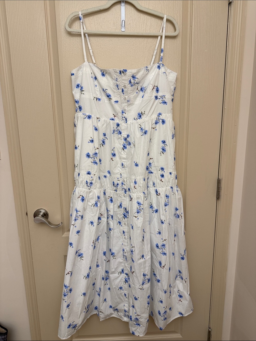 Quince White Midi Dress with Blue Floral Buttons